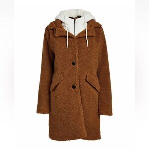 Steve Madden Brown & White Color Block Convertible Hooded Teddy Coat - Women M